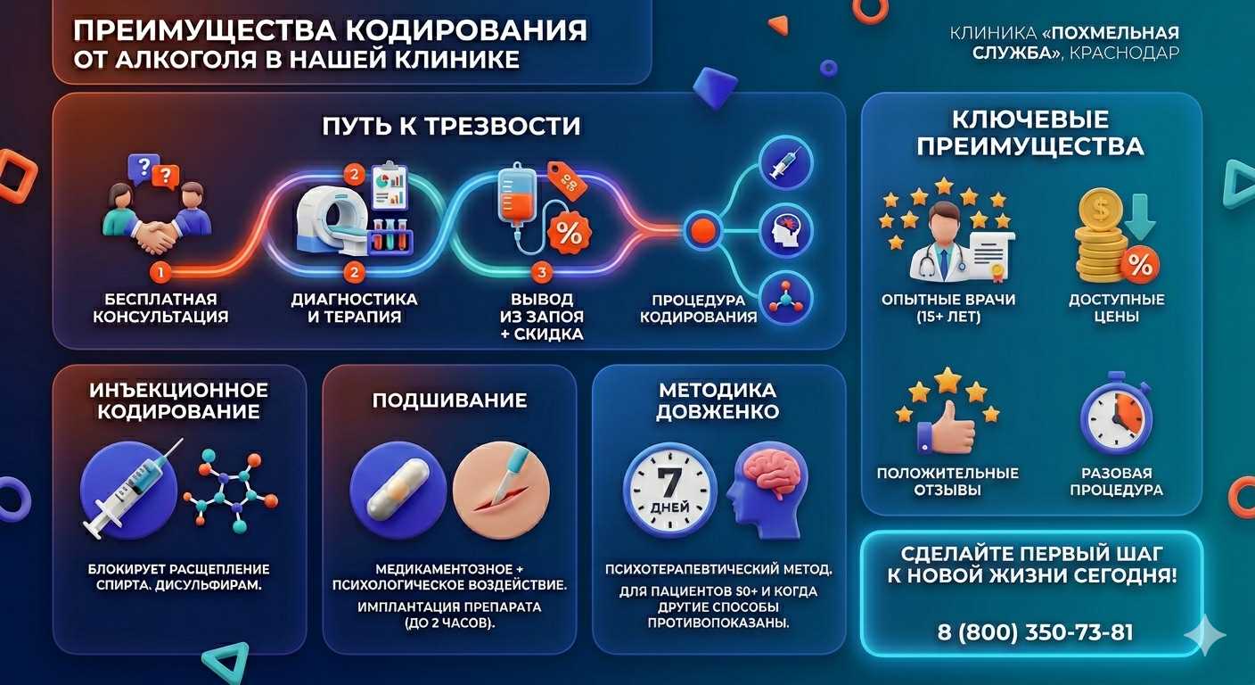 Инфографика о методах кодирования от алкоголя в Тимашевске: инъекции, подшивание, метод Довженко. Преимущества клиники и этапы лечения.