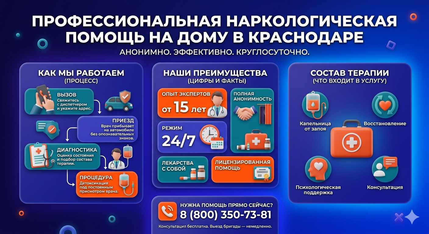 Инфографика о принципах лечения алкоголизма на дому в Тимашевске: этапы вызова нарколога, преимущества анонимной детоксикации и состав медицинской помощи.